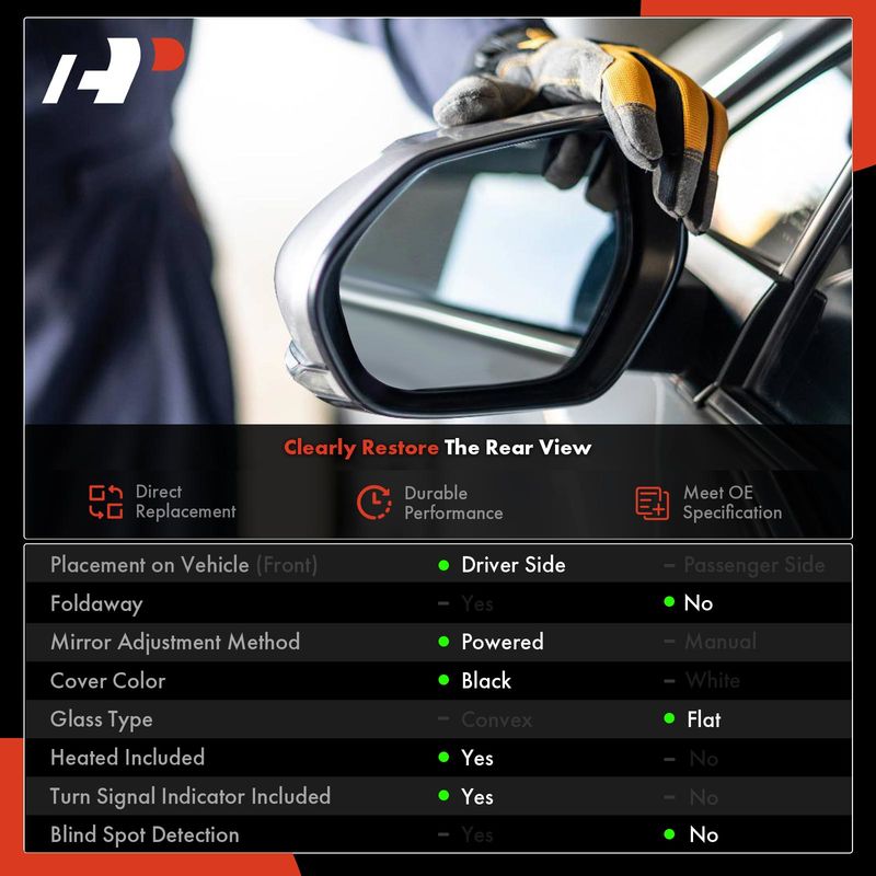 Front Driver Black Power Heated Mirror for Toyota Corolla 2019-2022