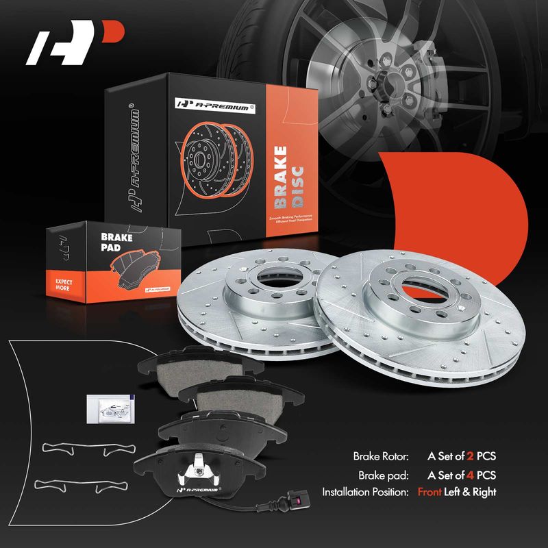 Front Drilled Rotors & Ceramic Brake Pads for VW Jetta 05-18 Beetle Golf Audi A3