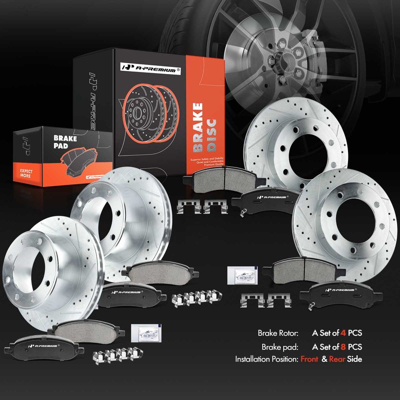 Front & Rear Drilled Rotors & Ceramic Brake Pads for Ford F-250 F-350 Super Duty