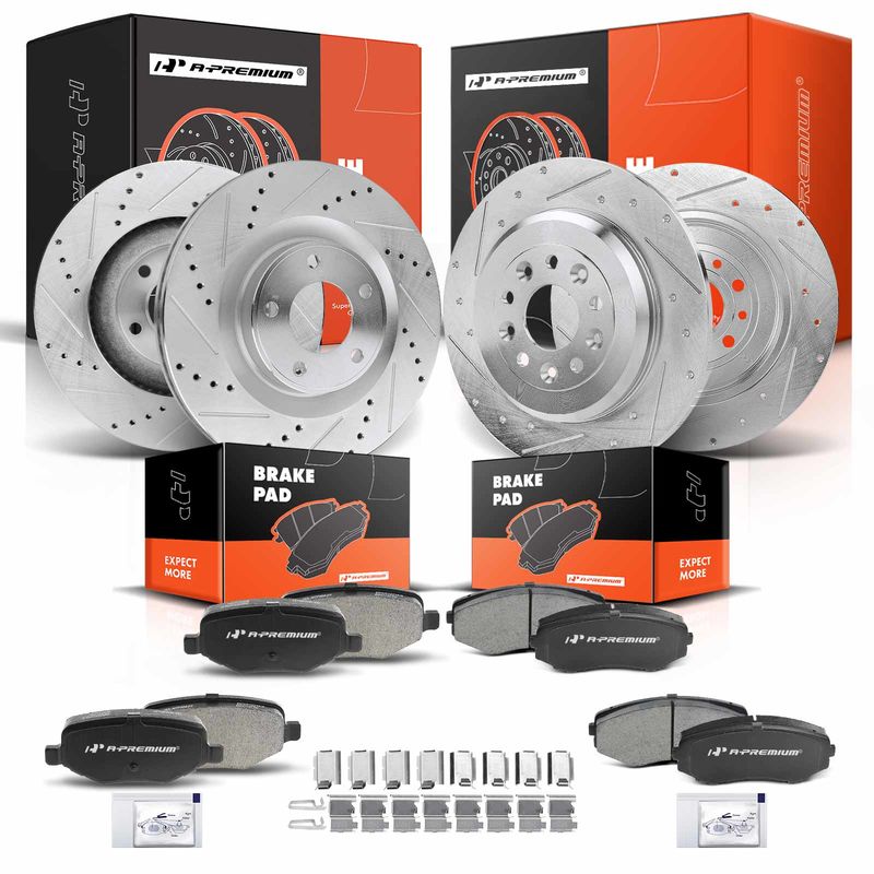 Front & Rear Drilled Rotors & Ceramic Pads for Ford Edge with std. Duty Brakes