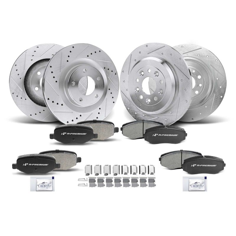 Front & Rear Drilled Rotors & Ceramic Pads for Ford Edge with std. Duty Brakes