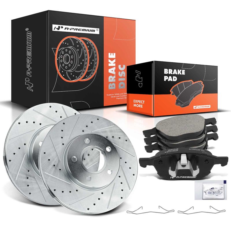 Front Drilled Rotors & Ceramic Brake Pads for Ford Focus 13-18 Volvo