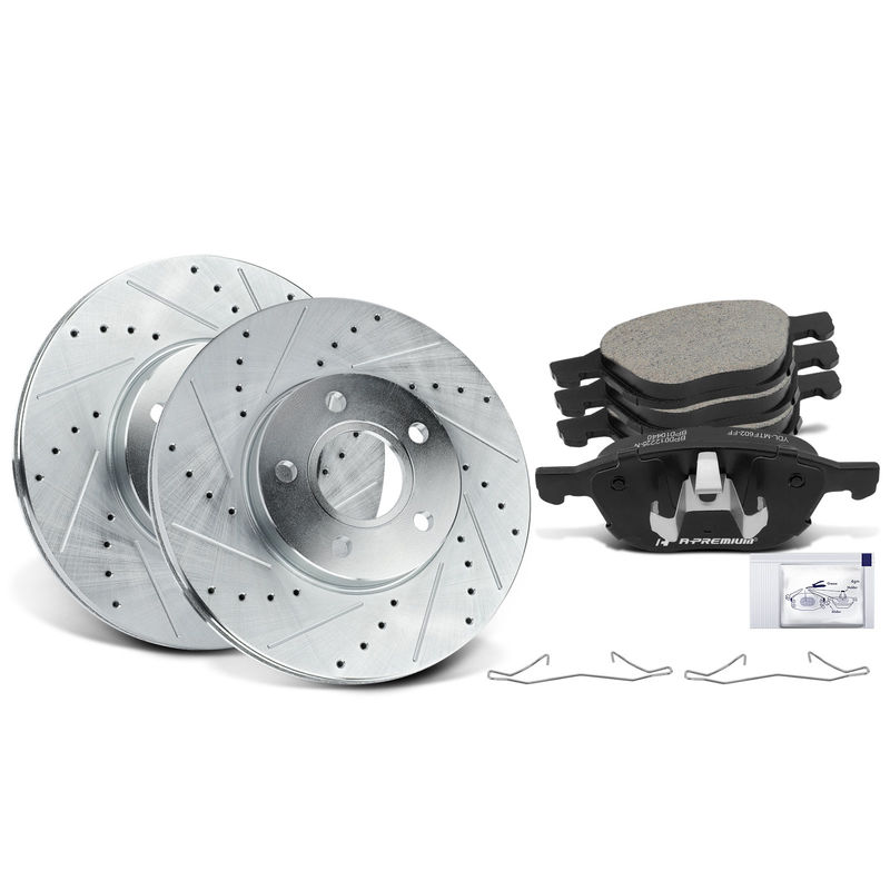 Front Drilled Rotors & Ceramic Brake Pads for Ford Focus 13-18 Volvo