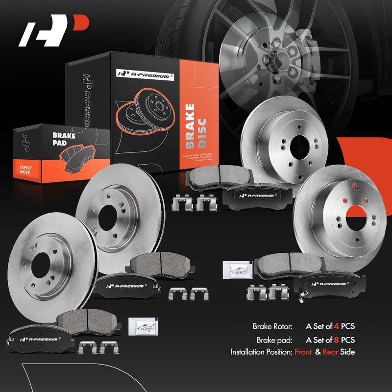Front & Rear Disc Brake Rotors & Ceramic Brake Pads for Hyundai Santa Fe 07-09