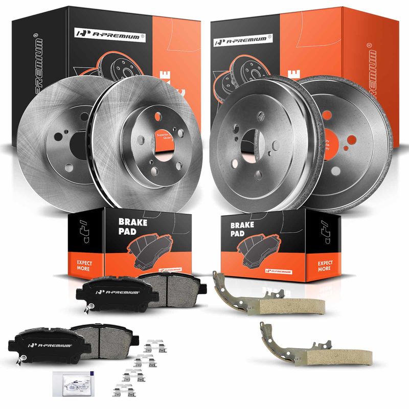 Front Brake Rotor & Brake Pad and Rear Brake Drum & Brake Shoe for Toyota Prius