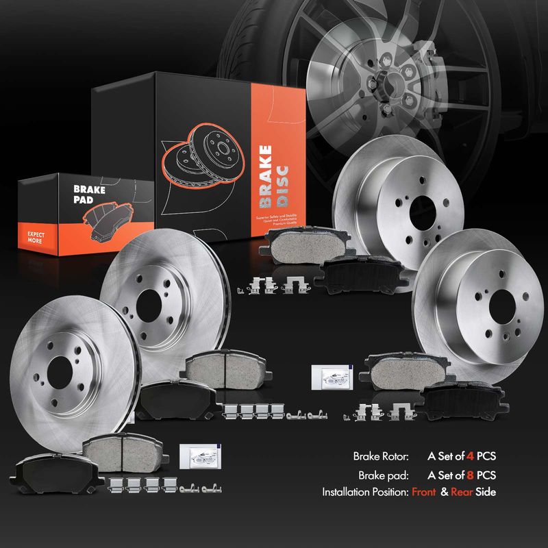 Front & Rear Disc Brake Rotors & Ceramic Brake Pads for Toyota Highlander 04-07