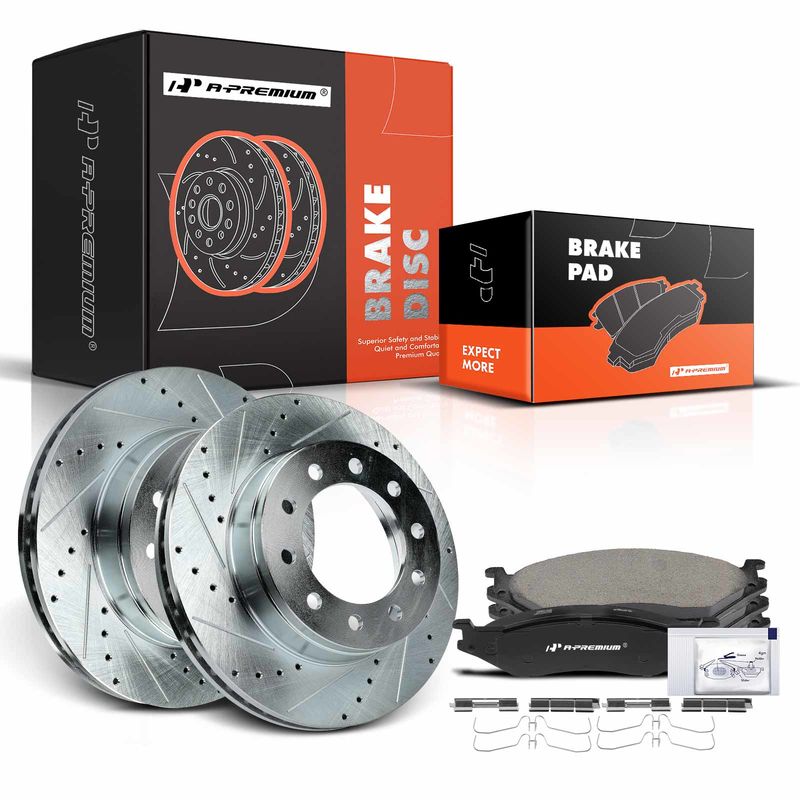 Front Drilled Rotors & Ceramic Brake Pads for Ford F-450 F-550 Super Duty