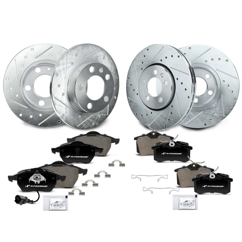 Front & Rear Drilled Rotors & Ceramic Brake Pads for Volkswagen Beetle Golf Jetta