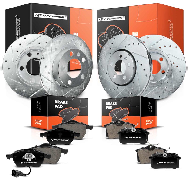 Front & Rear Drilled Rotors & Ceramic Brake Pads for Volkswagen Beetle Golf Jetta