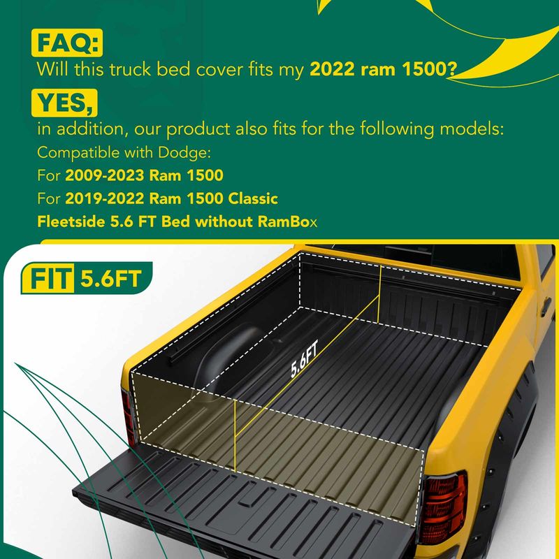 5.59 FT Bed Soft Roll-up Tonneau Cover for Dodge Ram 1500 2500 Ram 1500 Classic