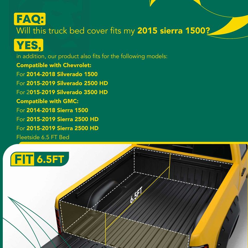 6.5 FT Bed Soft Roll-up Tonneau Cover for Chevrolet Silverado 1500 GMC 14-19