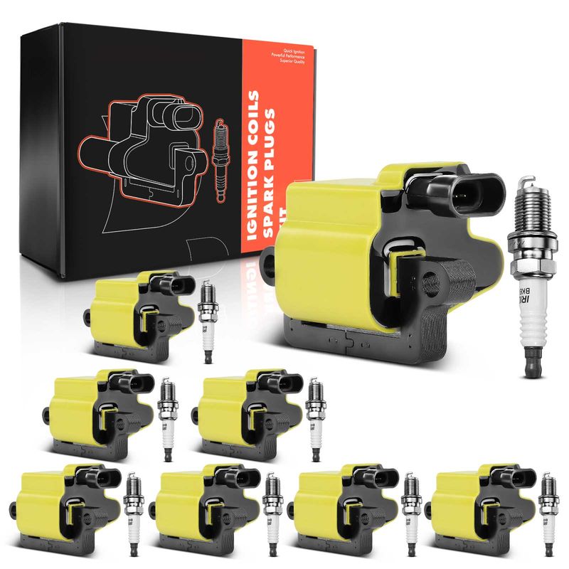 8x Yellow Ignition Coil & IRIDIUM Spark Plug Kits for Chevy GMC Cadillac Hummer